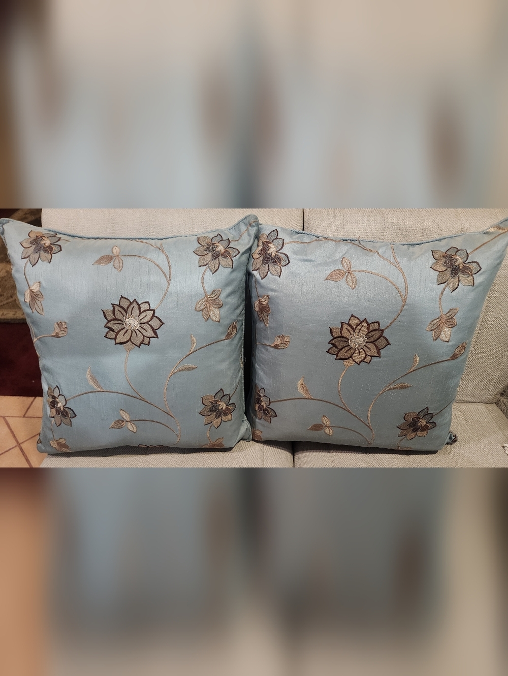 Elegant Blue Floral Embroidered Throw Pillow Pair